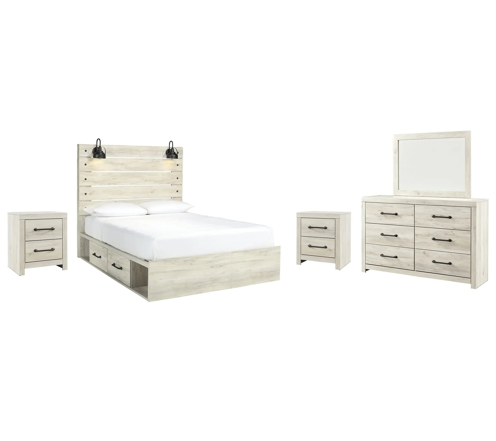 Cambeck Panel Bed With 4 Storage Drawers With Mirrored Dresser And 2 Nightstands at Lee Furniture, NC