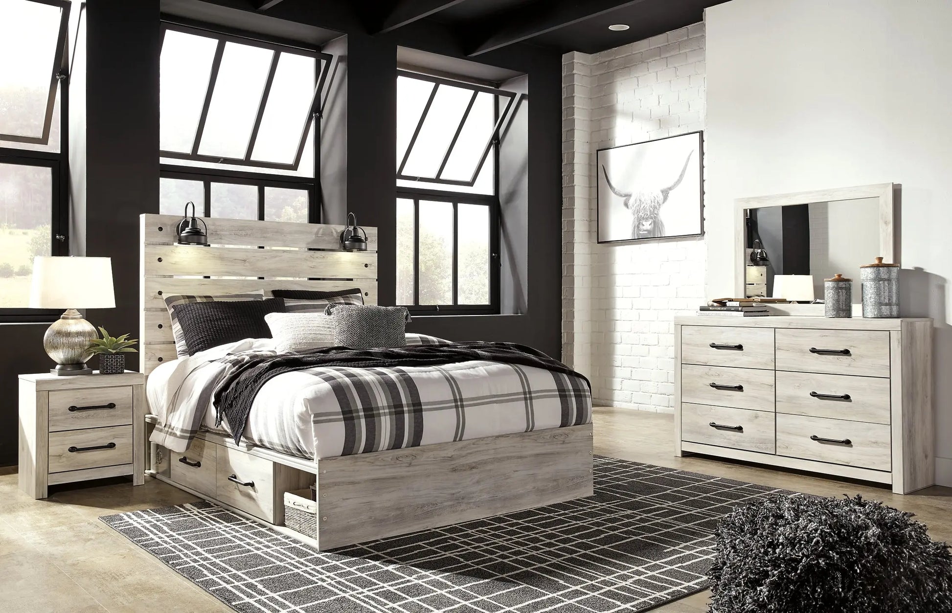 Cambeck Panel Bed With 4 Storage Drawers With Mirrored Dresser And 2 Nightstands at Lee Furniture, NC