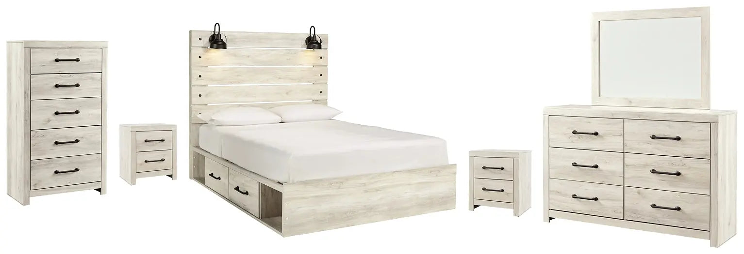 Cambeck Queen Panel Bed with 4 Storage Drawers with Mirrored Dresser, Chest and 2 Nightstands at Lee Furniture, NC