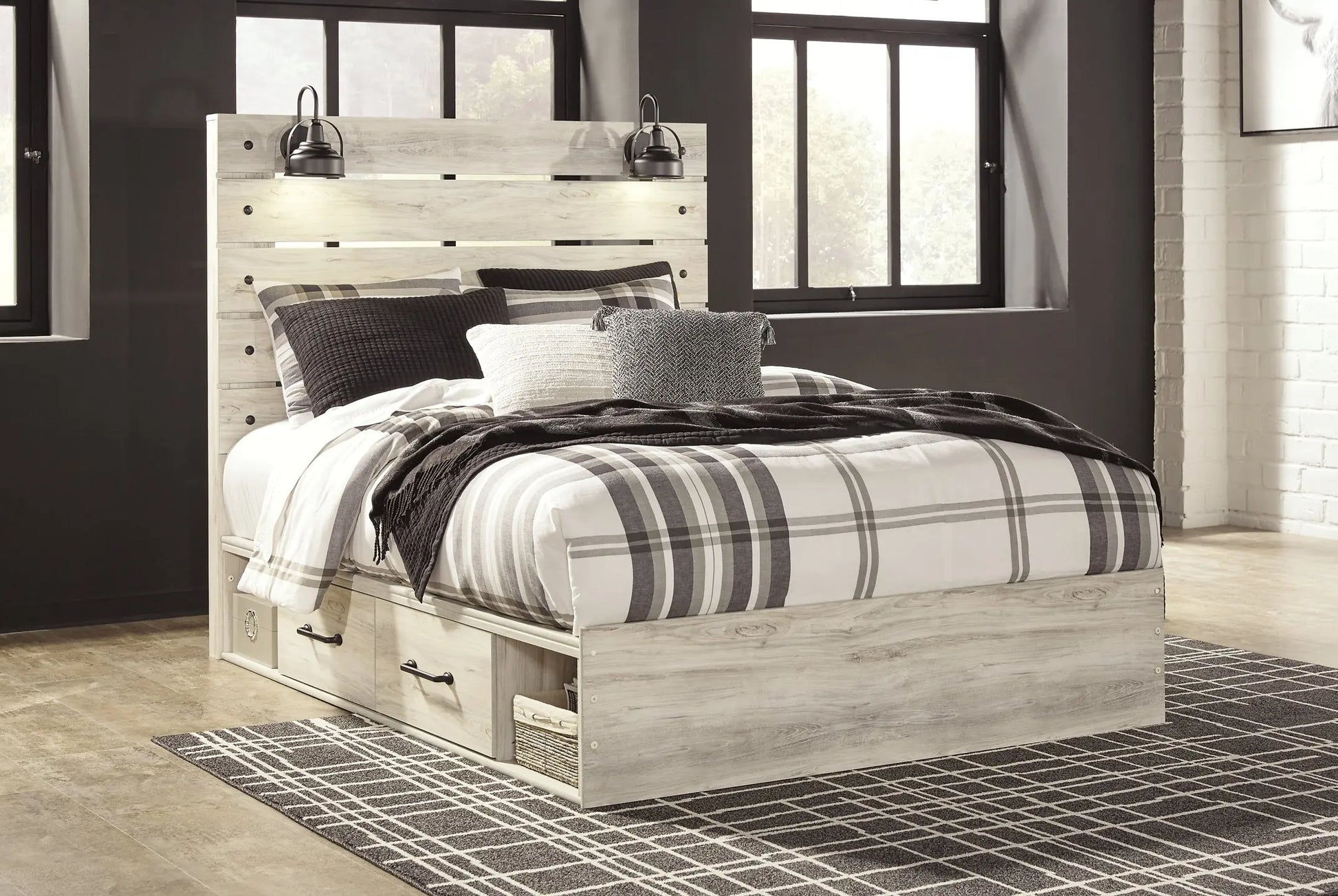Cambeck Queen Panel Bed with 4 Storage Drawers with Mirrored Dresser, Chest and 2 Nightstands at Lee Furniture, NC