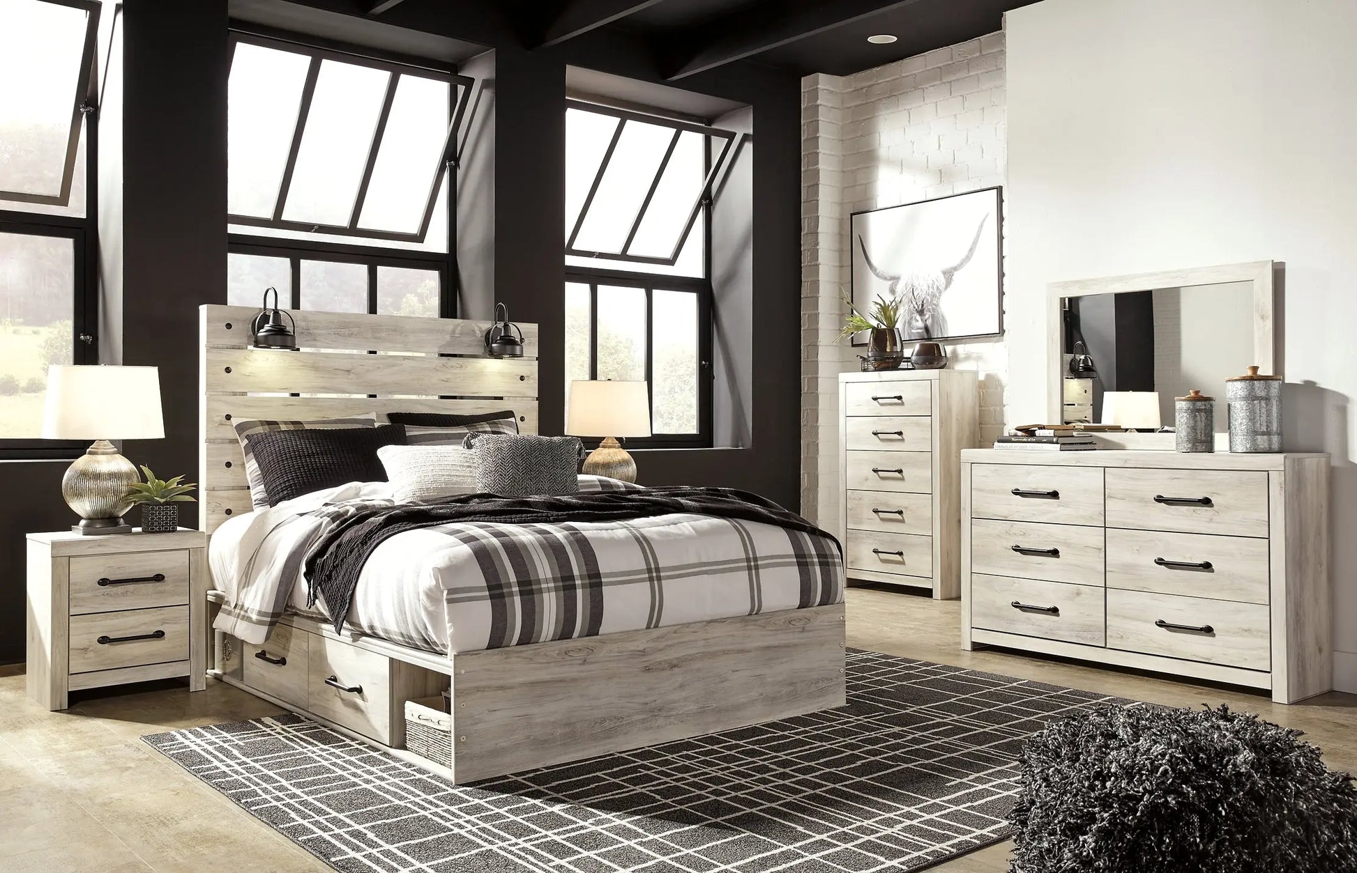 Cambeck Queen Panel Bed with 4 Storage Drawers with Mirrored Dresser, Chest and Nightstand at Lee Furniture, NC