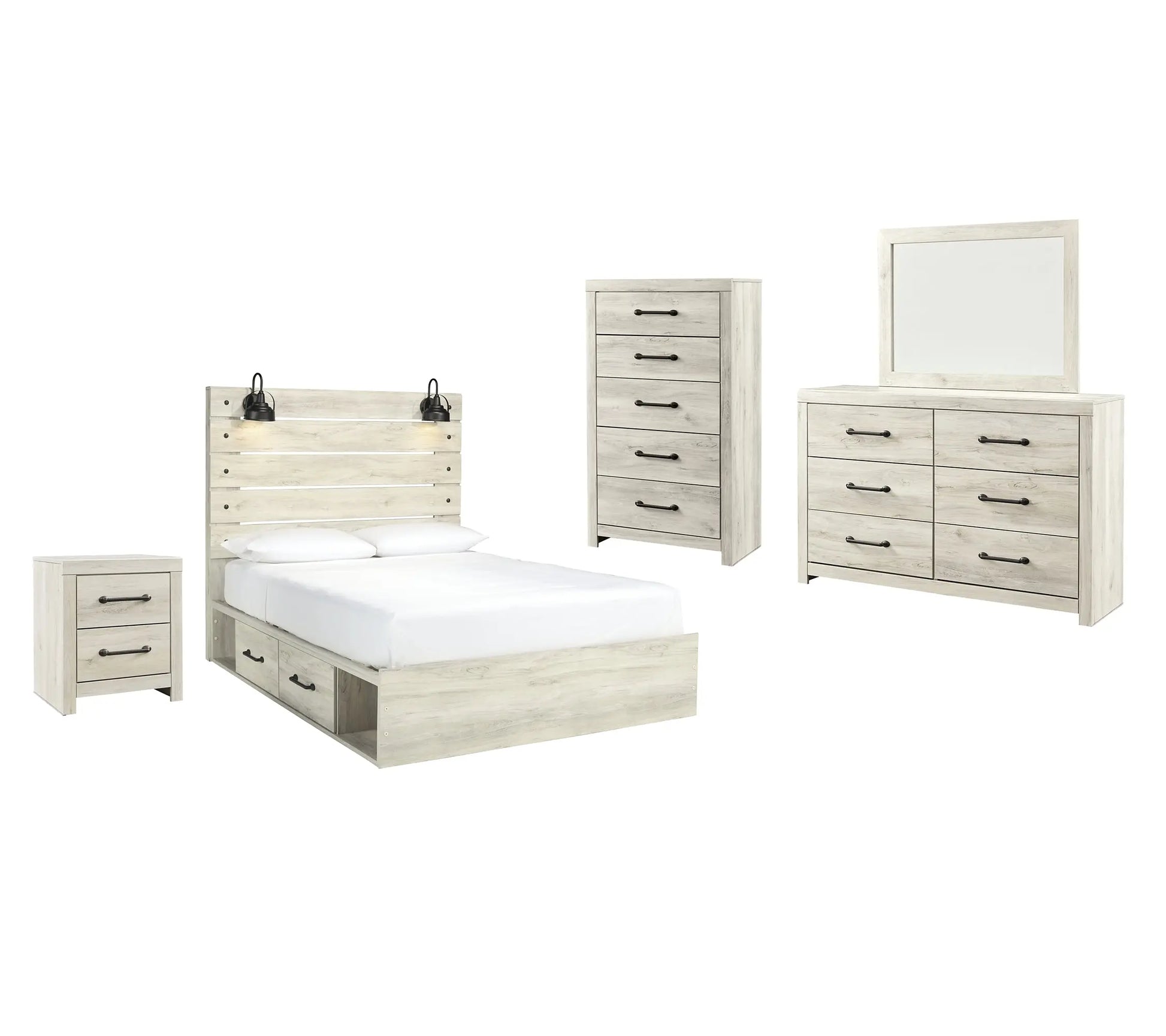 Cambeck Queen Panel Bed with 4 Storage Drawers with Mirrored Dresser, Chest and Nightstand at Lee Furniture, NC