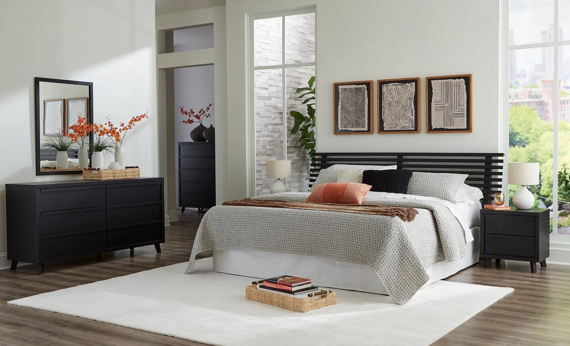Danziar King Panel Headboard with Mirrored Dresser and Nightstand at Lee Furniture, NC