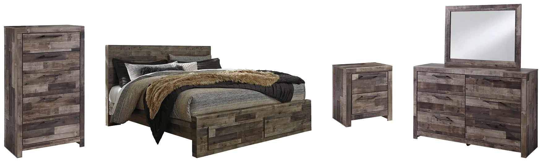 Derekson King Panel Bed with 2 Storage Drawers with Mirrored Dresser, Chest and Nightstand at Lee Furniture, NC