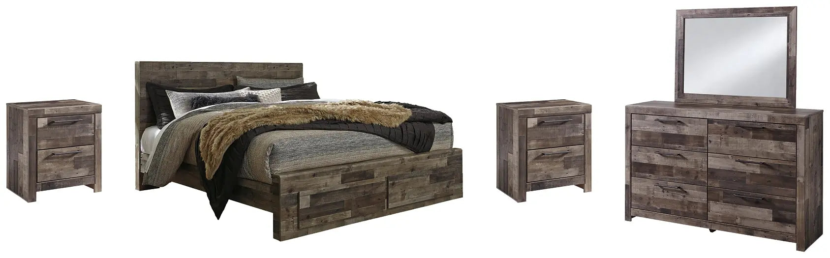 Derekson King Panel Bed with 2 Storage Drawers with Mirrored Dresser and 2 Nightstands at Lee Furniture, NC