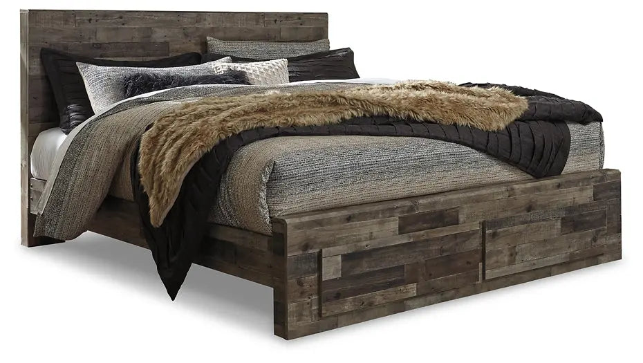 Derekson King Panel Bed with 2 Storage Drawers with Mirrored Dresser and 2 Nightstands at Lee Furniture, NC