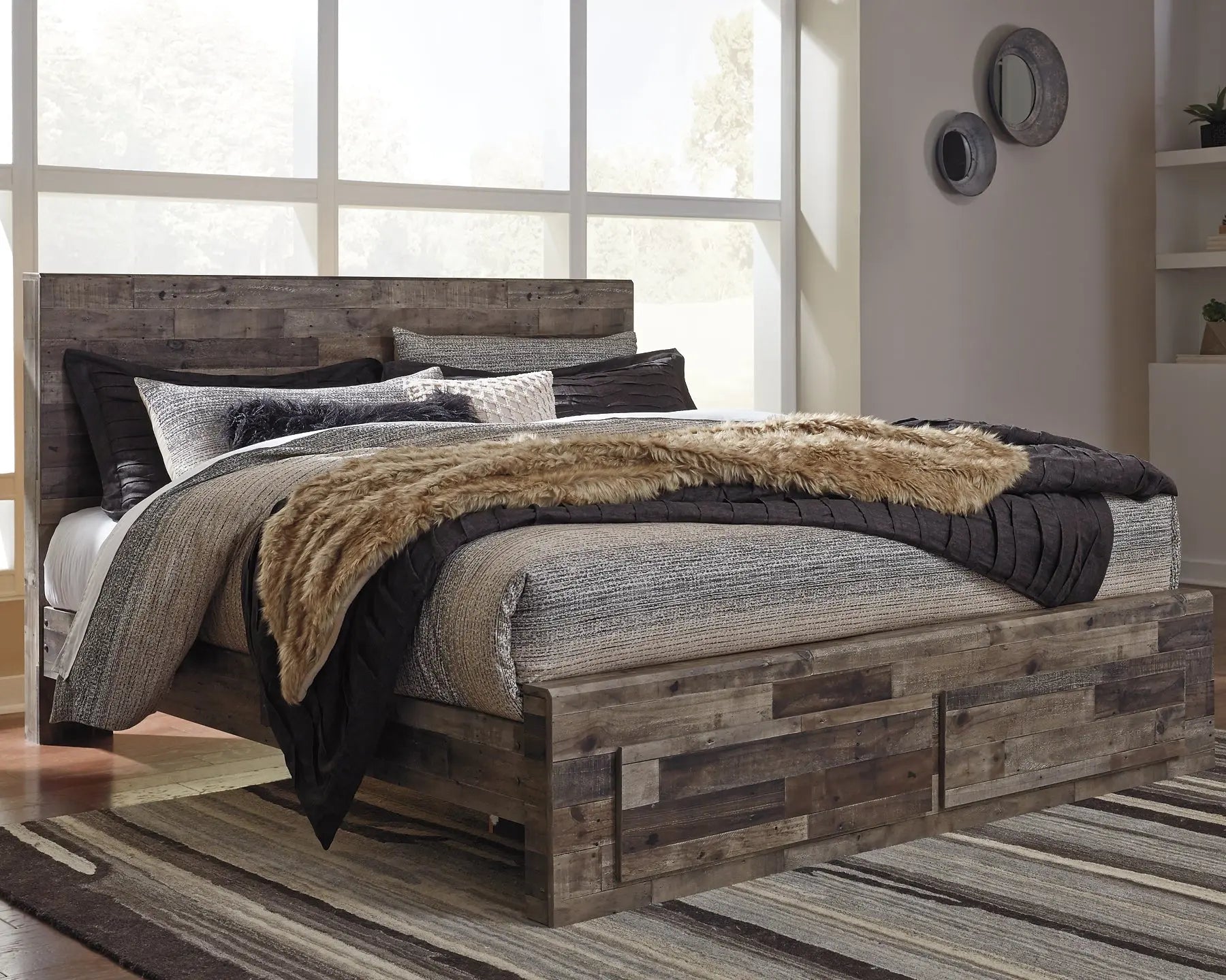 Derekson King Panel Bed with 2 Storage Drawers with Mirrored Dresser and 2 Nightstands at Lee Furniture, NC