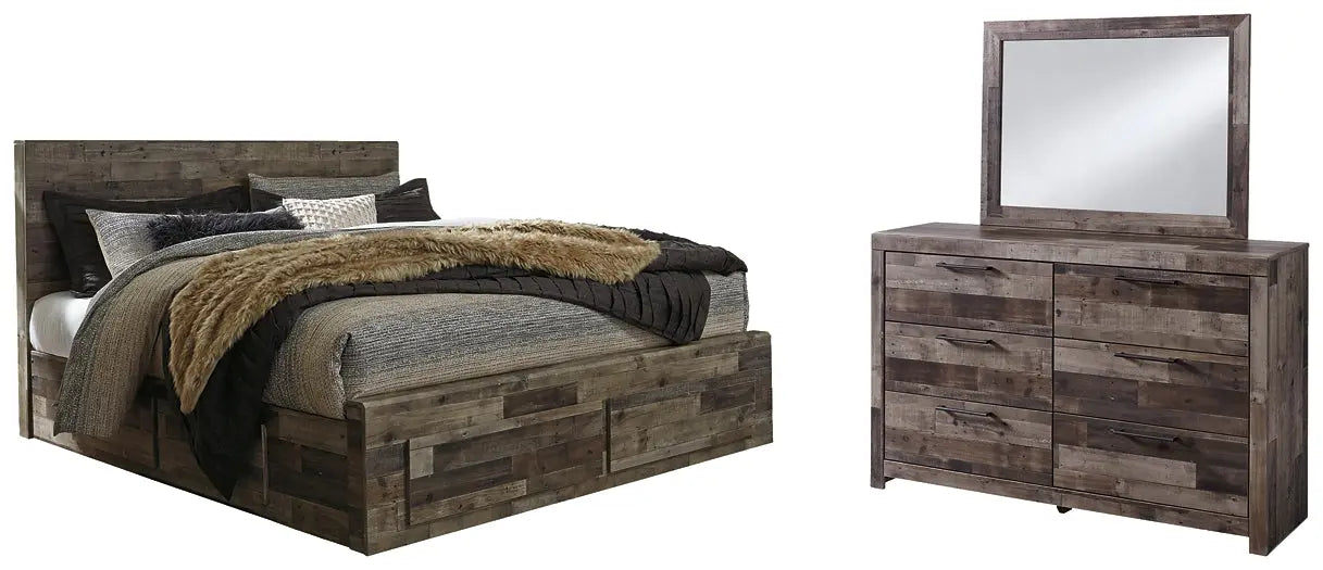 Derekson King Panel Bed with 2 Storage Drawers with Mirrored Dresser at Lee Furniture, NC