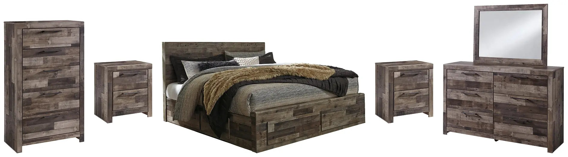 Derekson King Panel Bed with 6 Storage Drawers with Mirrored Dresser, Chest and 2 Nightstands at Lee Furniture, NC