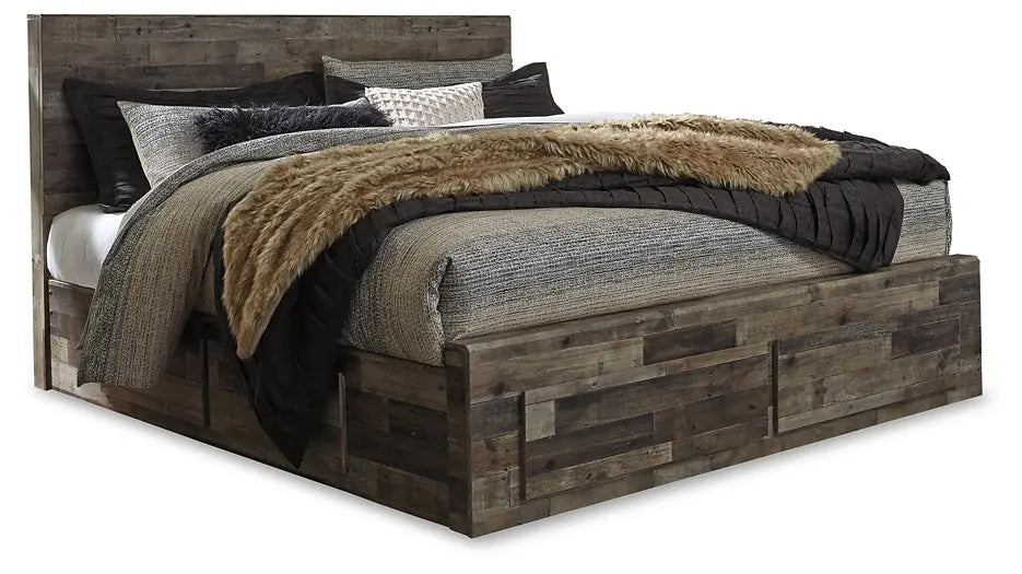 Derekson King Panel Bed with 6 Storage Drawers with Mirrored Dresser, Chest and 2 Nightstands at Lee Furniture, NC