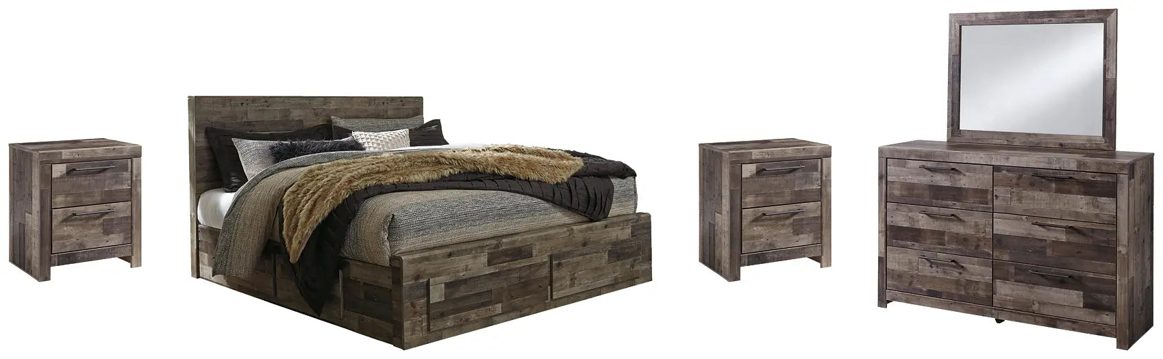 Derekson King Panel Bed with 6 Storage Drawers with Mirrored Dresser and 2 Nightstands at Lee Furniture, NC