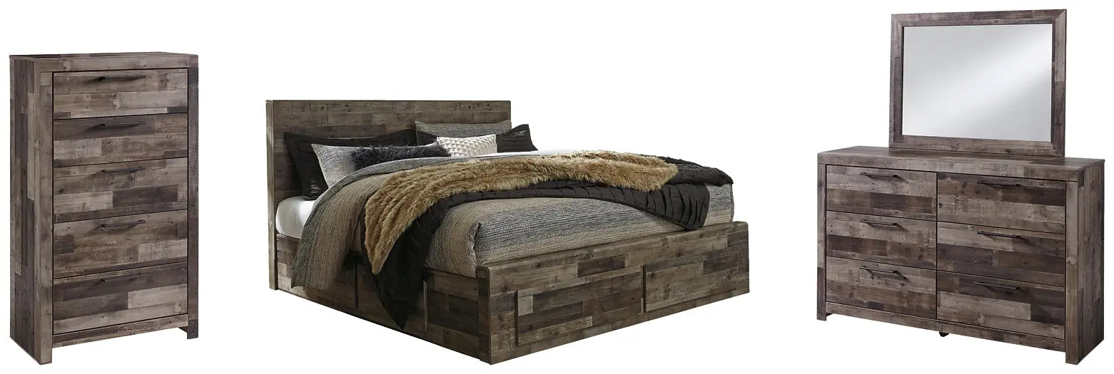 Derekson King Panel Bed with 6 Storage Drawers with Mirrored Dresser and Chest at Lee Furniture, NC