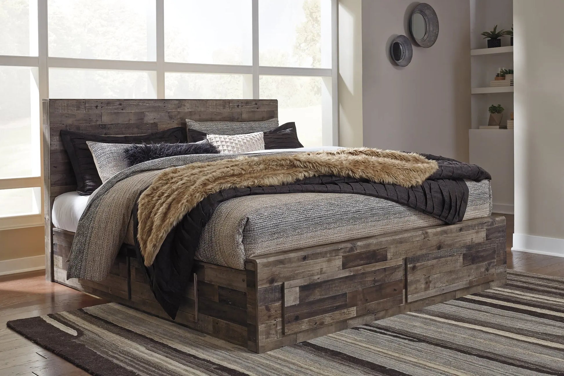 Derekson King Panel Bed with 6 Storage Drawers with Mirrored Dresser and Chest at Lee Furniture, NC