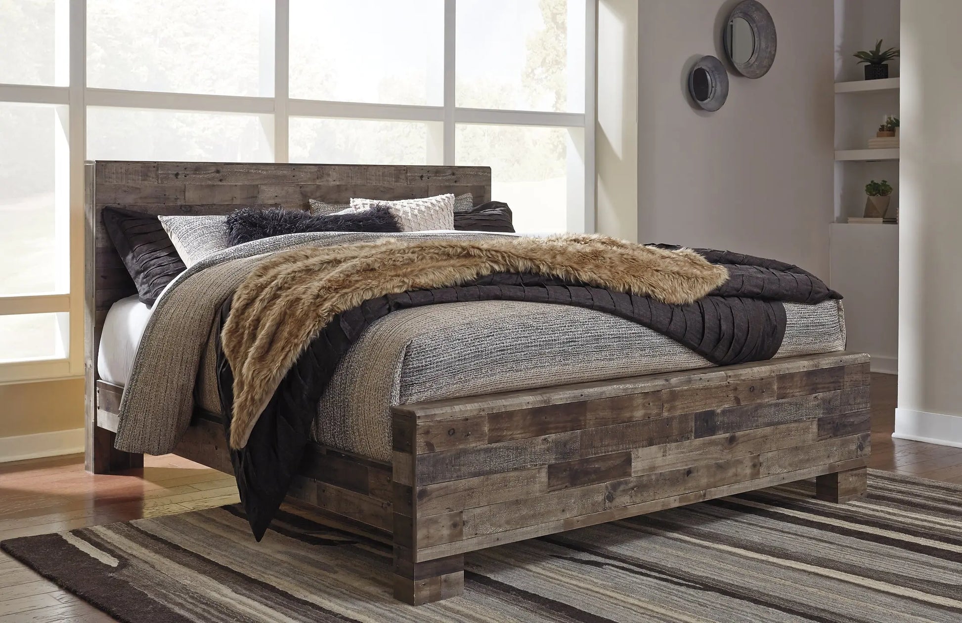 Derekson King Panel Bed with Mirrored Dresser, Chest and 2 Nightstands at Lee Furniture, NC