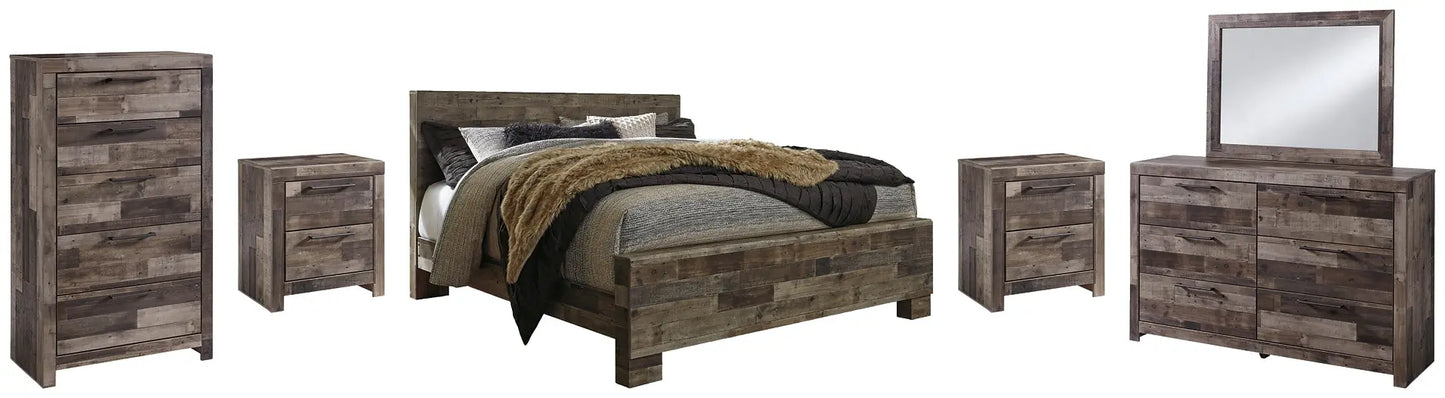 Derekson King Panel Bed with Mirrored Dresser, Chest and 2 Nightstands at Lee Furniture, NC