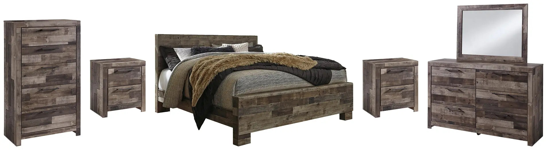 Derekson King Panel Bed with Mirrored Dresser, Chest and 2 Nightstands at Lee Furniture, NC