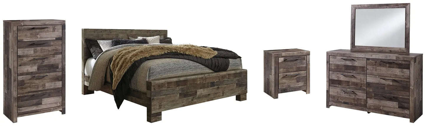 Derekson King Panel Bed with Mirrored Dresser, Chest and Nightstand at Lee Furniture, NC