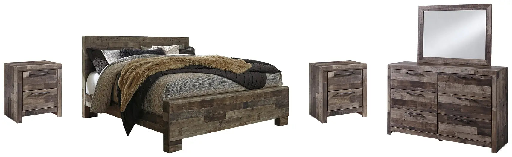 Derekson King Panel Bed with Mirrored Dresser and 2 Nightstands at Lee Furniture, NC