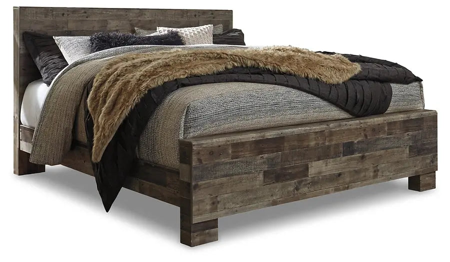 Derekson King Panel Bed with Mirrored Dresser and Chest at Lee Furniture, NC