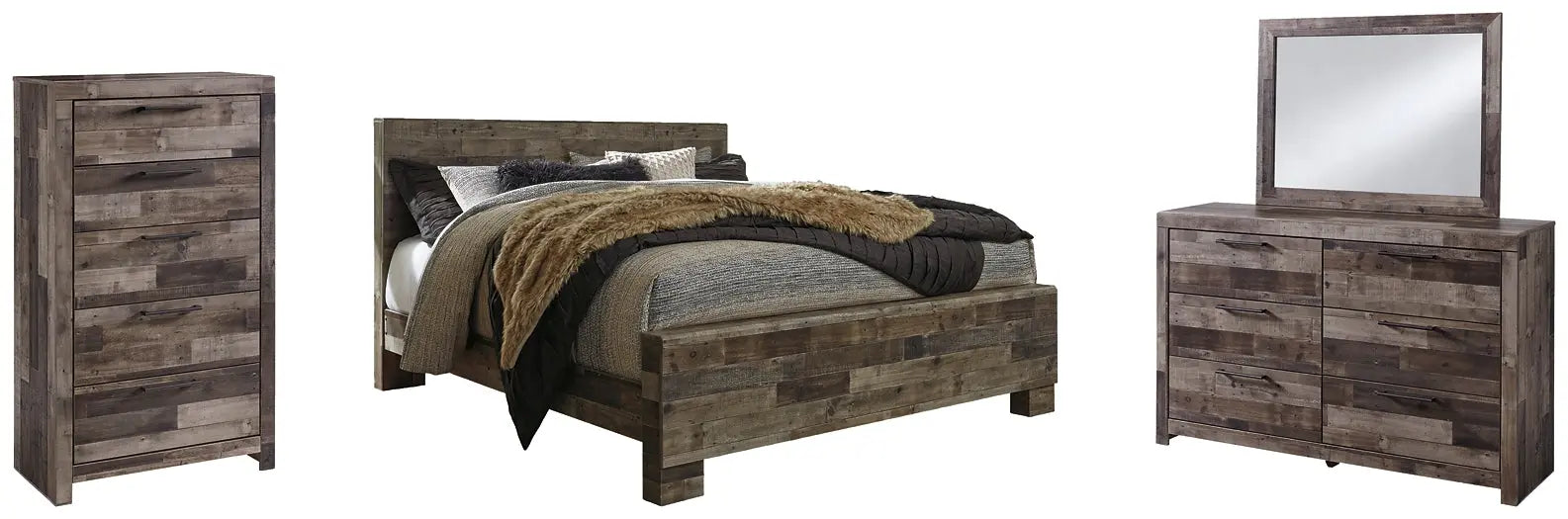 Derekson King Panel Bed with Mirrored Dresser and Chest at Lee Furniture, NC