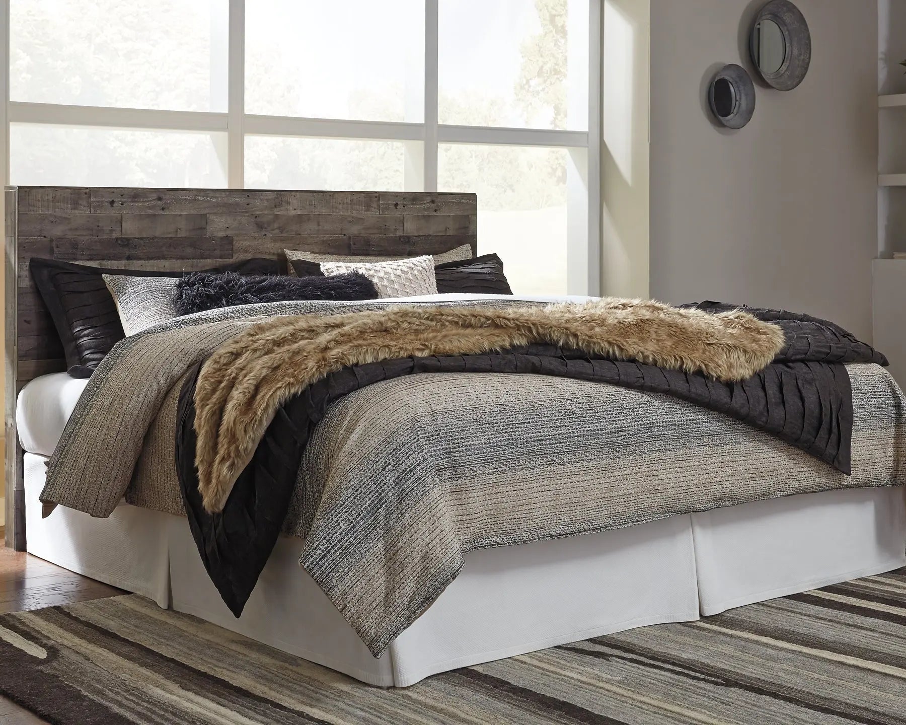 Derekson King Panel Headboard with Mirrored Dresser, Chest and Nightstand at Lee Furniture, NC