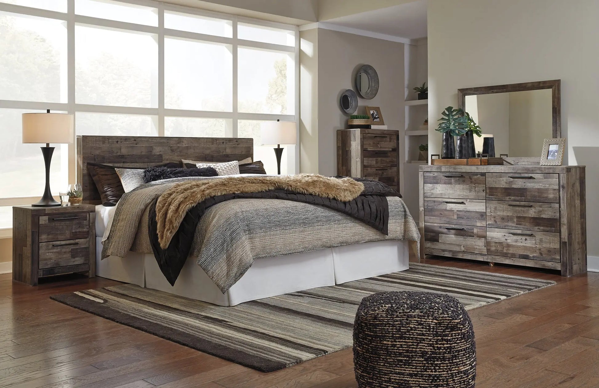 Derekson King Panel Headboard with Mirrored Dresser, Chest and Nightstand at Lee Furniture, NC