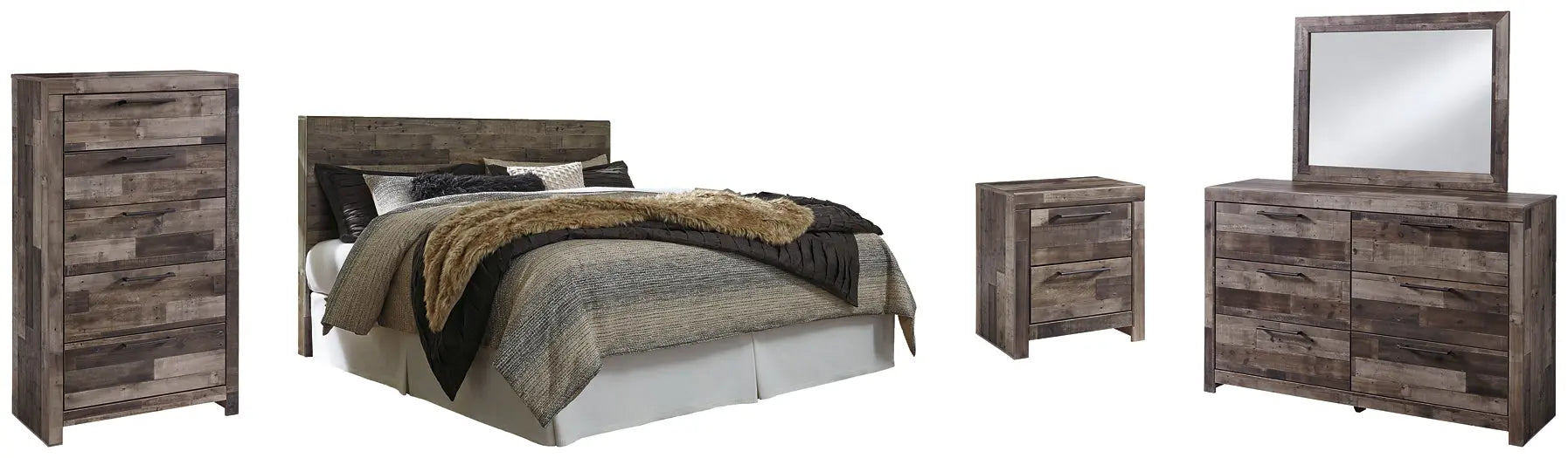 Derekson King Panel Headboard with Mirrored Dresser, Chest and Nightstand at Lee Furniture, NC