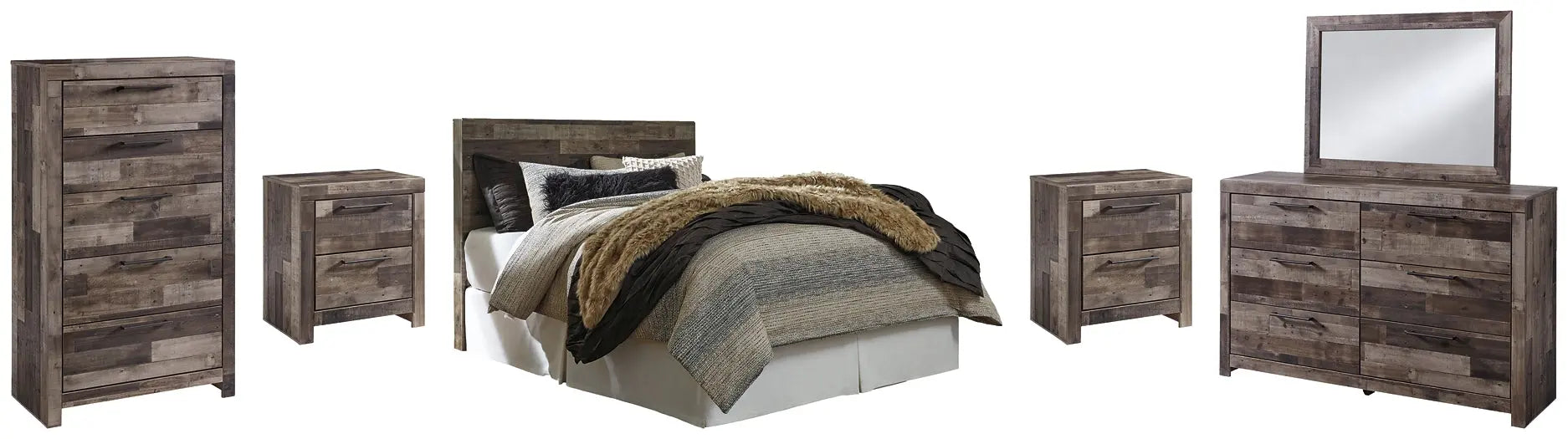 Derekson Queen/Full Panel Headboard with Mirrored Dresser, Chest and 2 Nightstands at Lee Furniture, NC