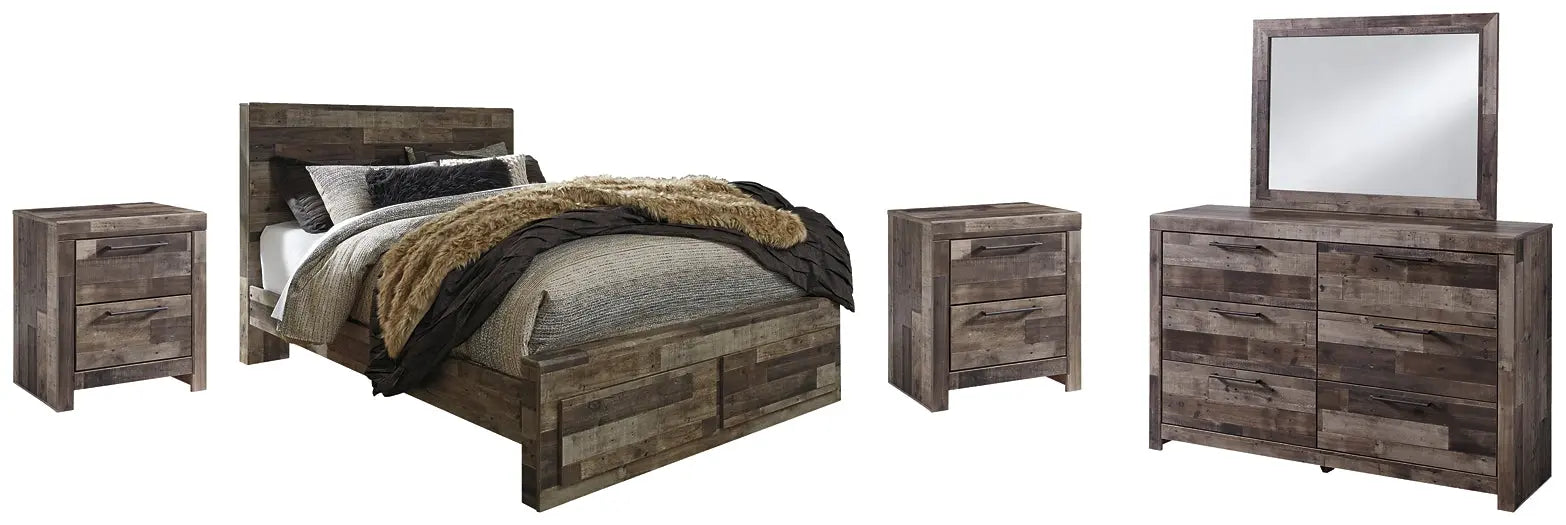 Derekson Queen Panel Bed with 2 Storage Drawers with Mirrored Dresser, Chest and Nightstand at Lee Furniture, NC