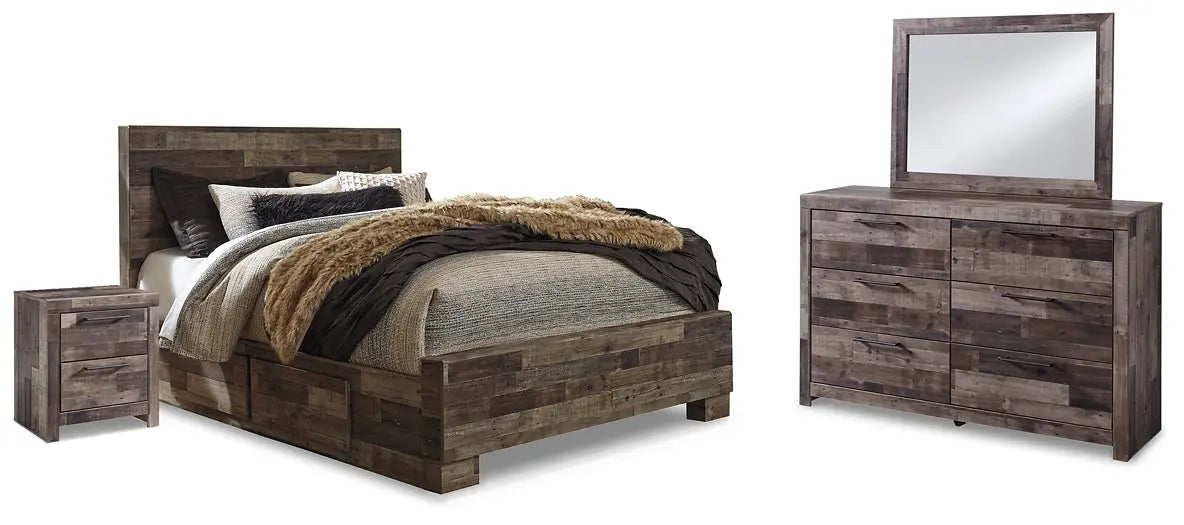 Derekson Queen Panel Bed with 2 Storage Drawers with Mirrored Dresser and 2 Nightstands at Lee Furniture, NC