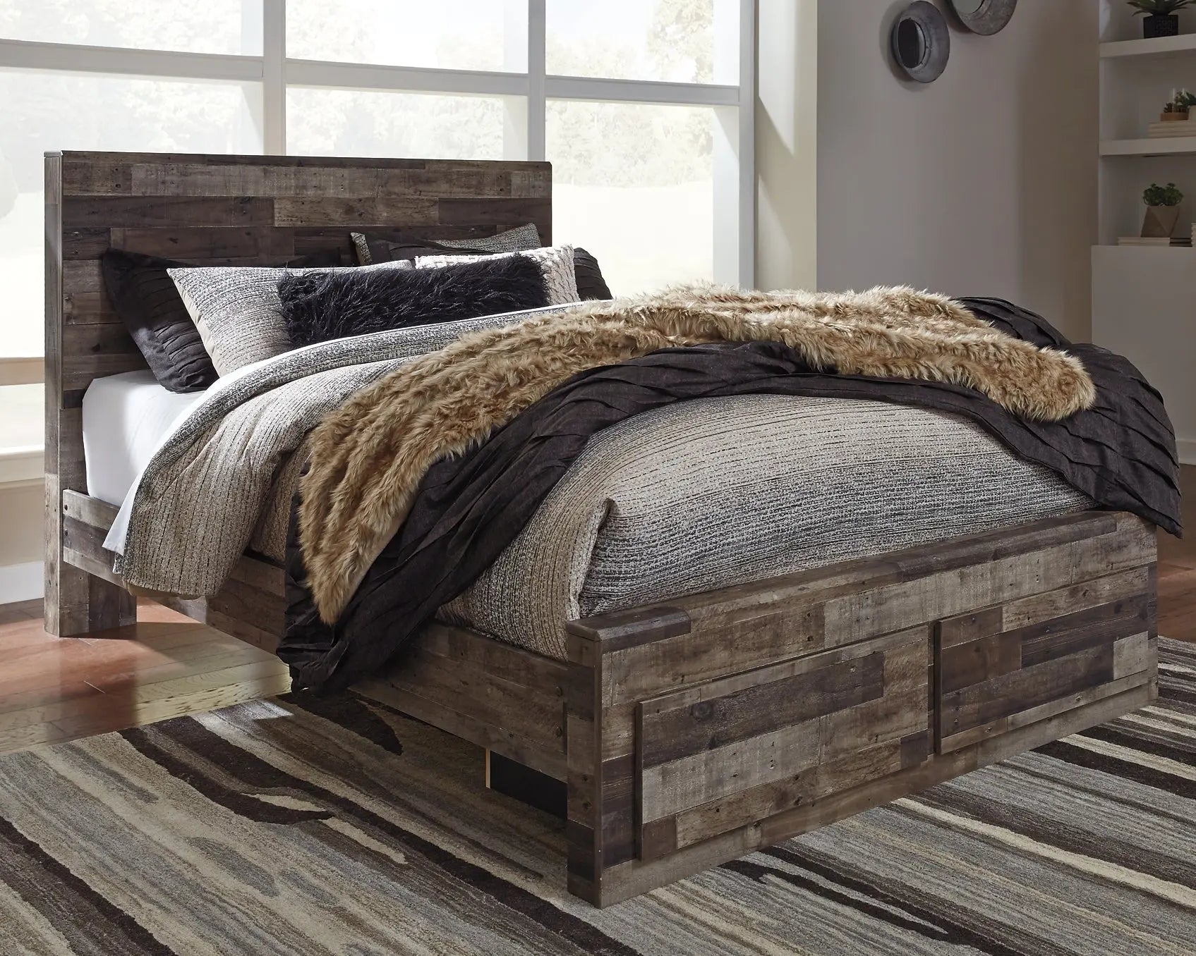 Derekson Queen Panel Bed with 2 Storage Drawers with Mirrored Dresser at Lee Furniture, NC