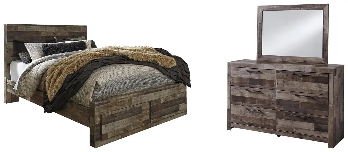 Derekson Queen Panel Bed with 2 Storage Drawers with Mirrored Dresser at Lee Furniture, NC