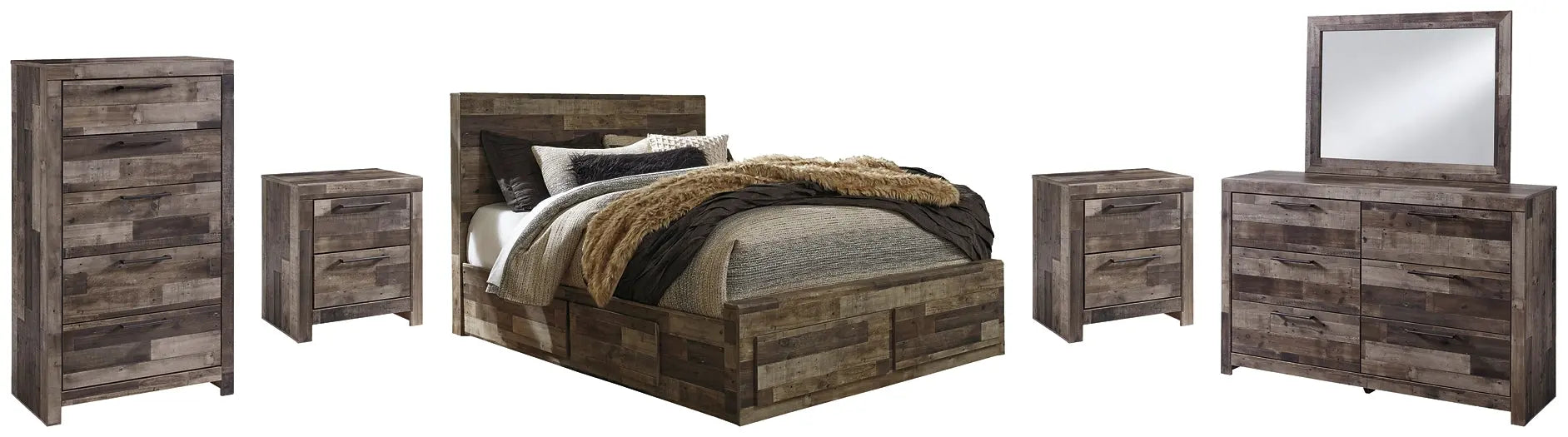 Derekson Queen Panel Bed with 4 Storage Drawers with Mirrored Dresser, Chest and 2 Nightstands at Lee Furniture, NC