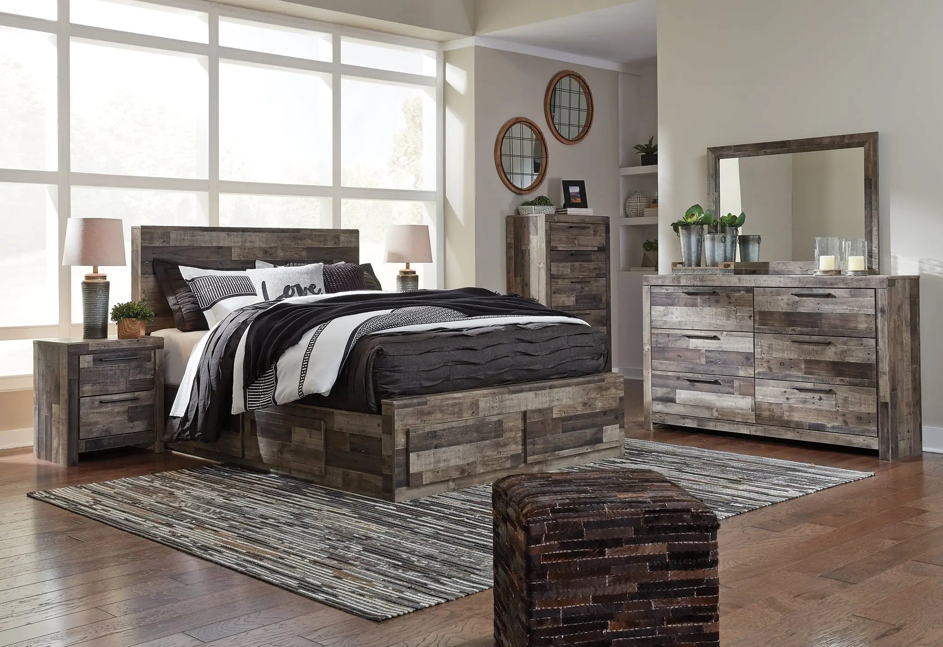 Derekson Queen Panel Bed with 4 Storage Drawers with Mirrored Dresser, Chest and Nightstand at Lee Furniture, NC