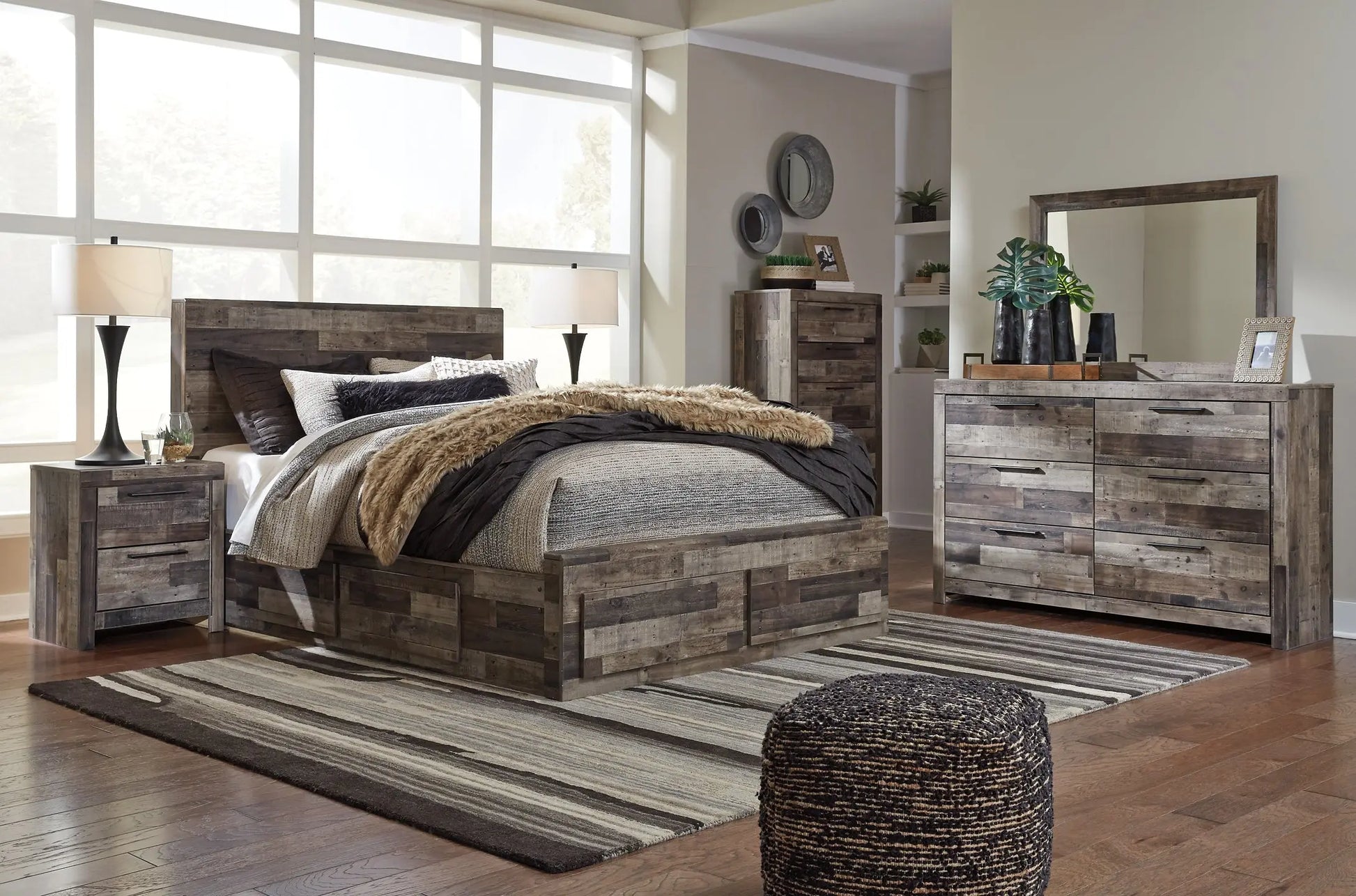 Derekson Queen Panel Bed with 4 Storage Drawers with Mirrored Dresser, Chest and Nightstand at Lee Furniture, NC