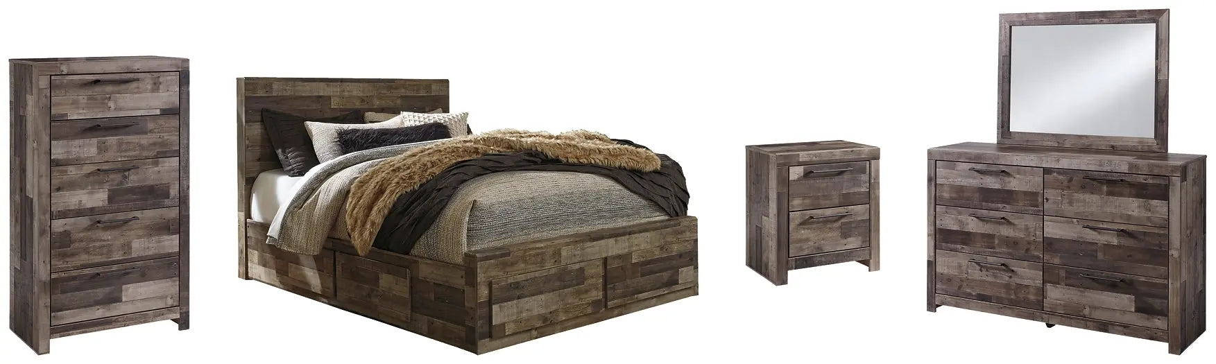 Derekson Queen Panel Bed with 4 Storage Drawers with Mirrored Dresser, Chest and Nightstand at Lee Furniture, NC