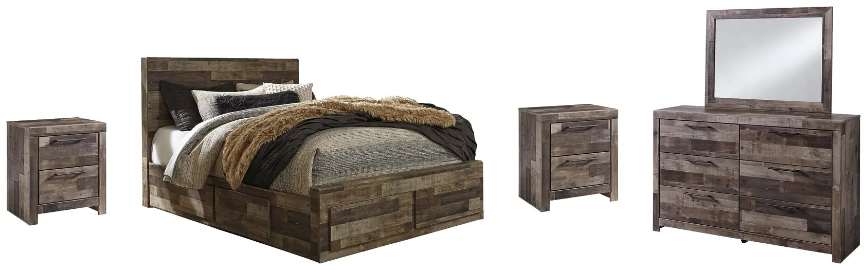 Derekson Queen Panel Bed with 4 Storage Drawers with Mirrored Dresser and 2 Nightstands at Lee Furniture, NC