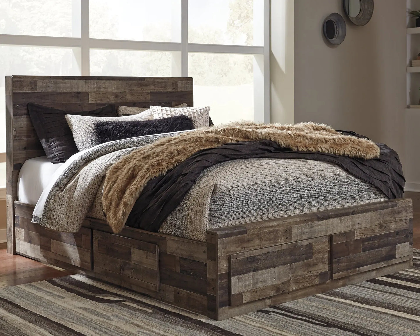 Derekson Queen Panel Bed with 4 Storage Drawers with Mirrored Dresser and 2 Nightstands at Lee Furniture, NC