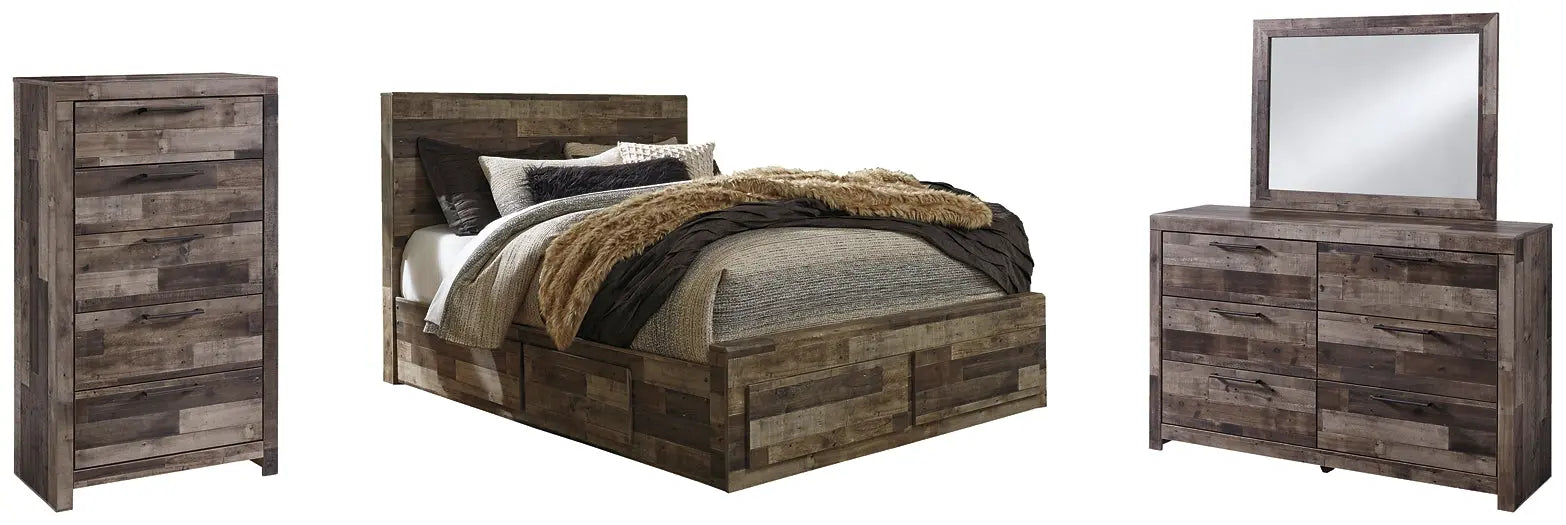 Derekson Queen Panel Bed with 4 Storage Drawers with Mirrored Dresser and Chest at Lee Furniture, NC