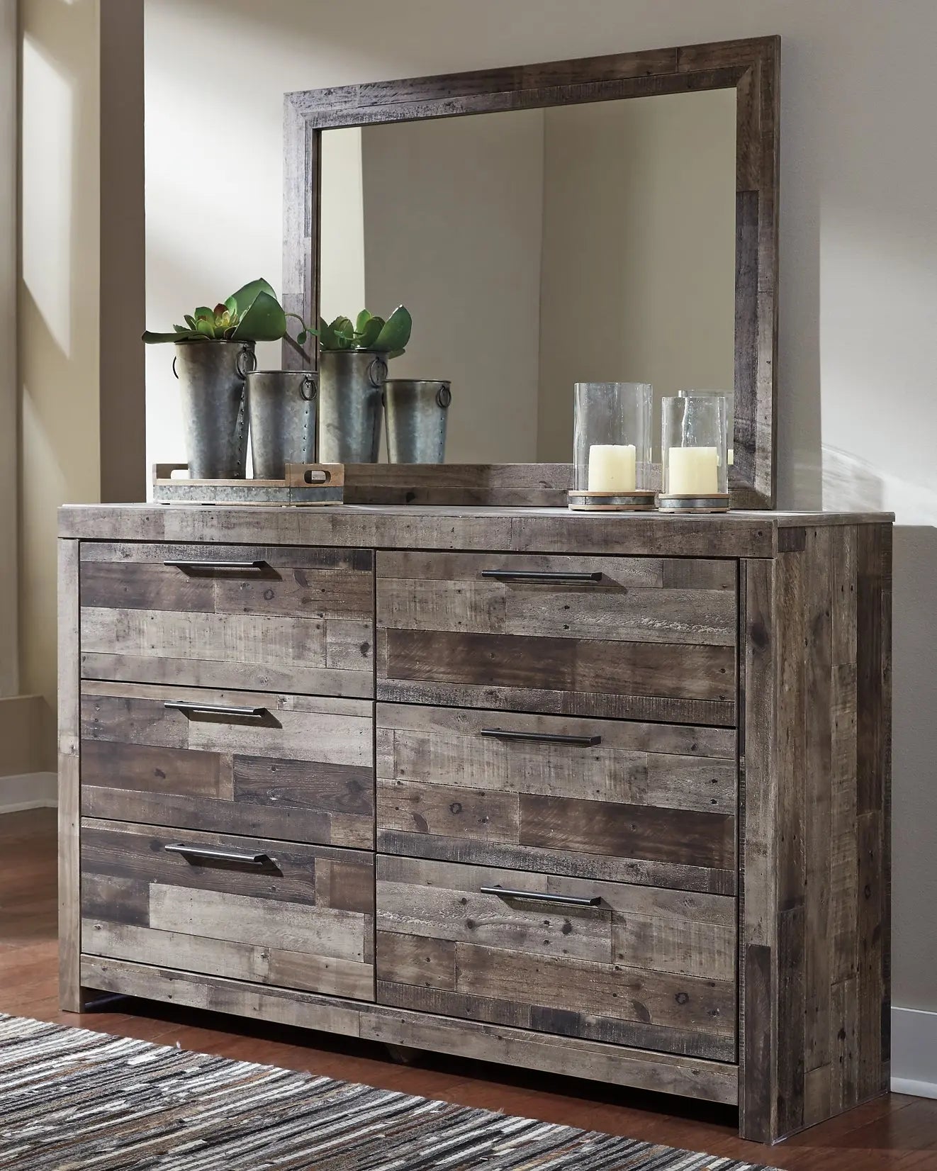 Derekson Queen Panel Bed with 4 Storage Drawers with Mirrored Dresser and Chest at Lee Furniture, NC