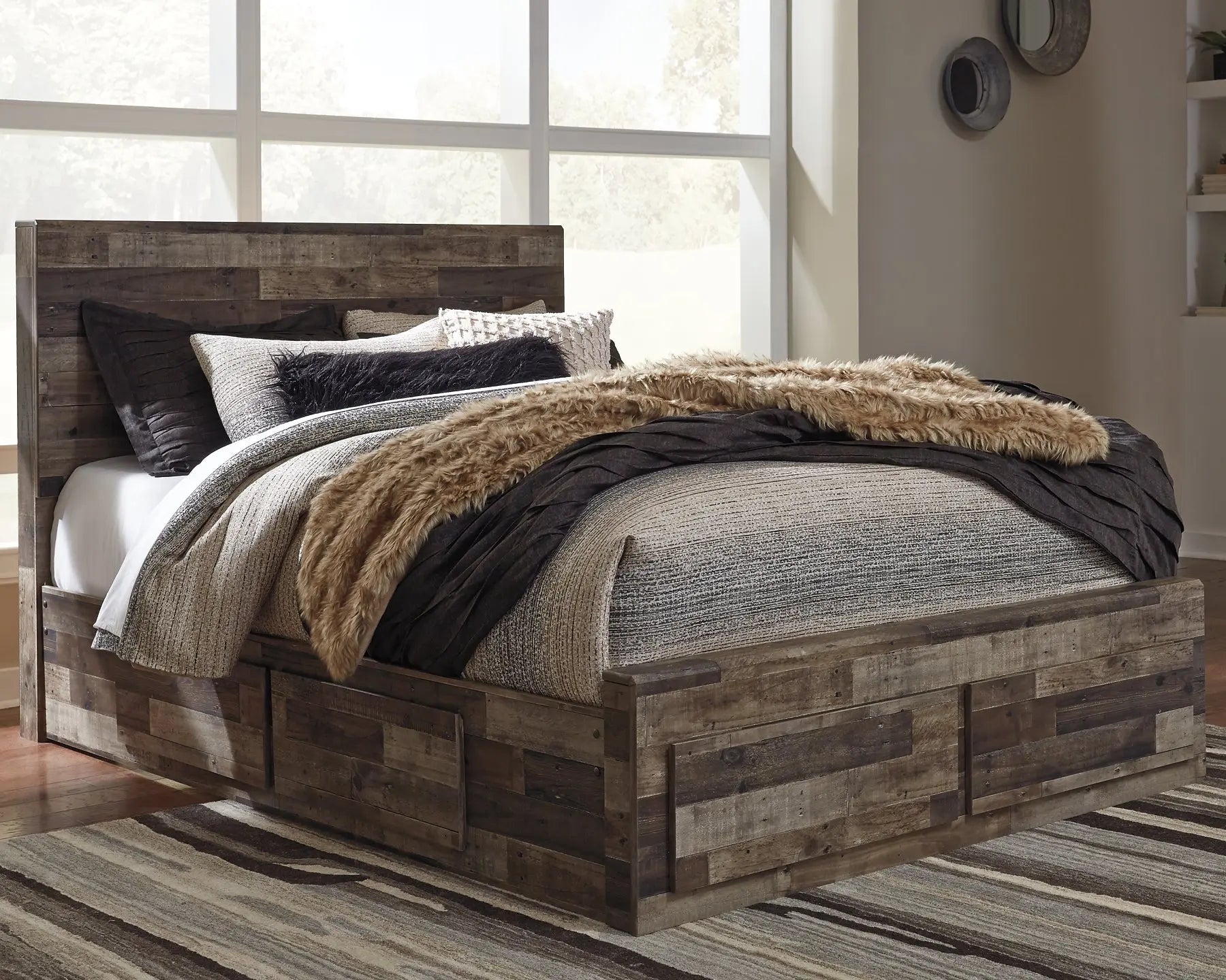 Derekson Queen Panel Bed with 4 Storage Drawers with Mirrored Dresser and Chest at Lee Furniture, NC