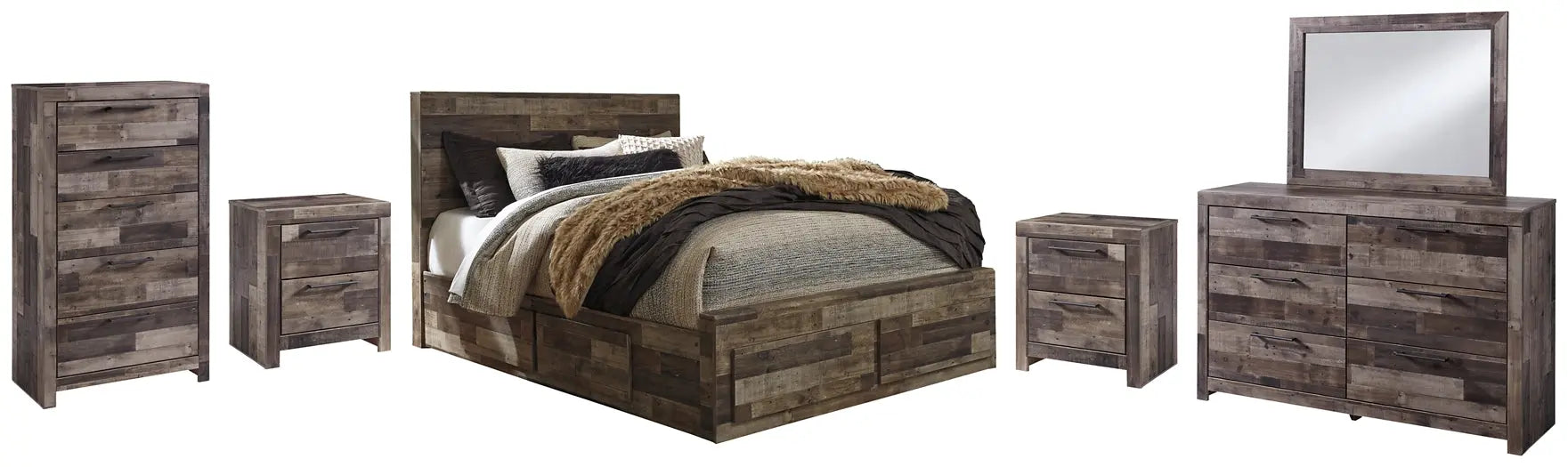 Derekson Queen Panel Bed with 6 Storage Drawers with Mirrored Dresser, Chest and 2 Nightstands at Lee Furniture, NC