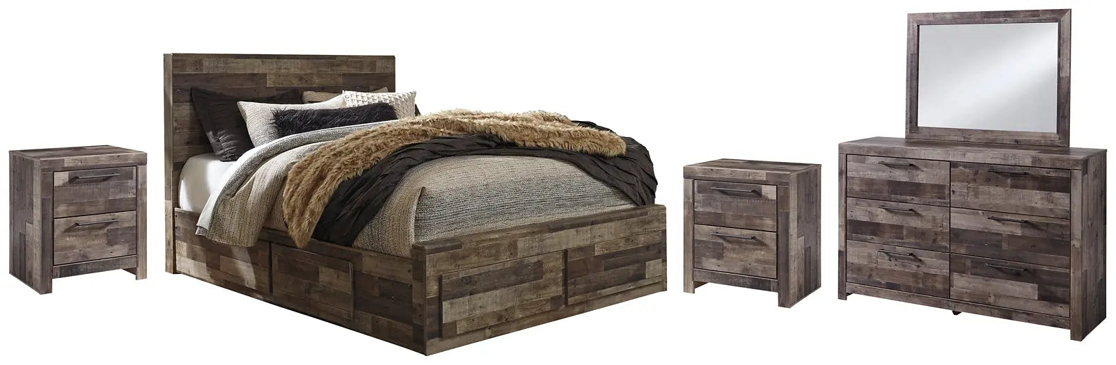 Derekson Queen Panel Bed with 6 Storage Drawers with Mirrored Dresser and 2 Nightstands at Lee Furniture, NC