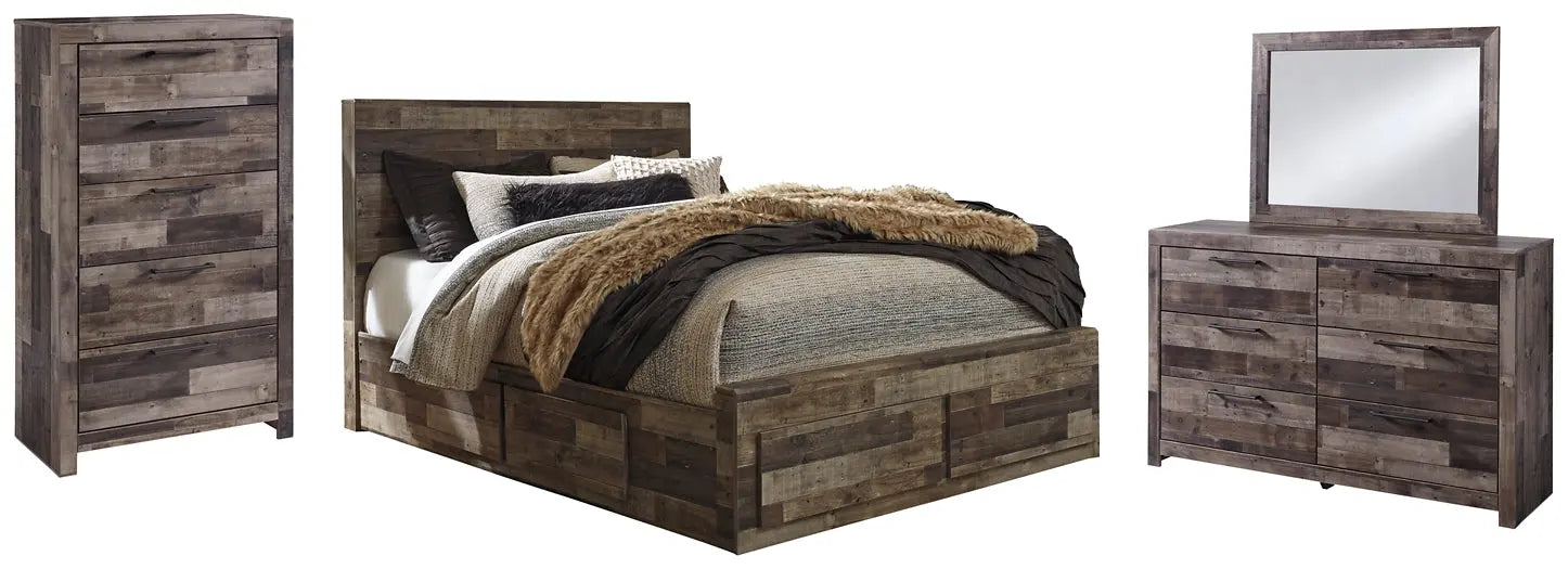 Derekson Queen Panel Bed with 6 Storage Drawers with Mirrored Dresser and Chest at Lee Furniture, NC