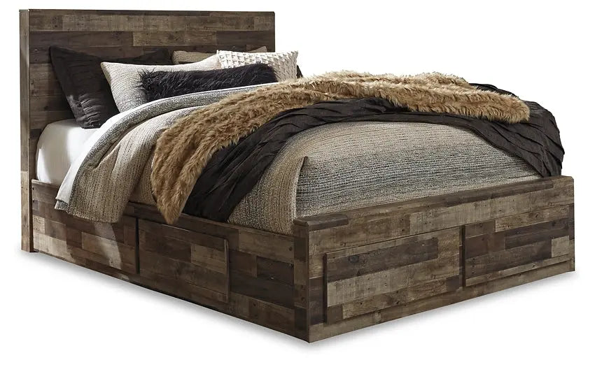 Derekson Queen Panel Bed with 6 Storage Drawers with Mirrored Dresser and Chest at Lee Furniture, NC