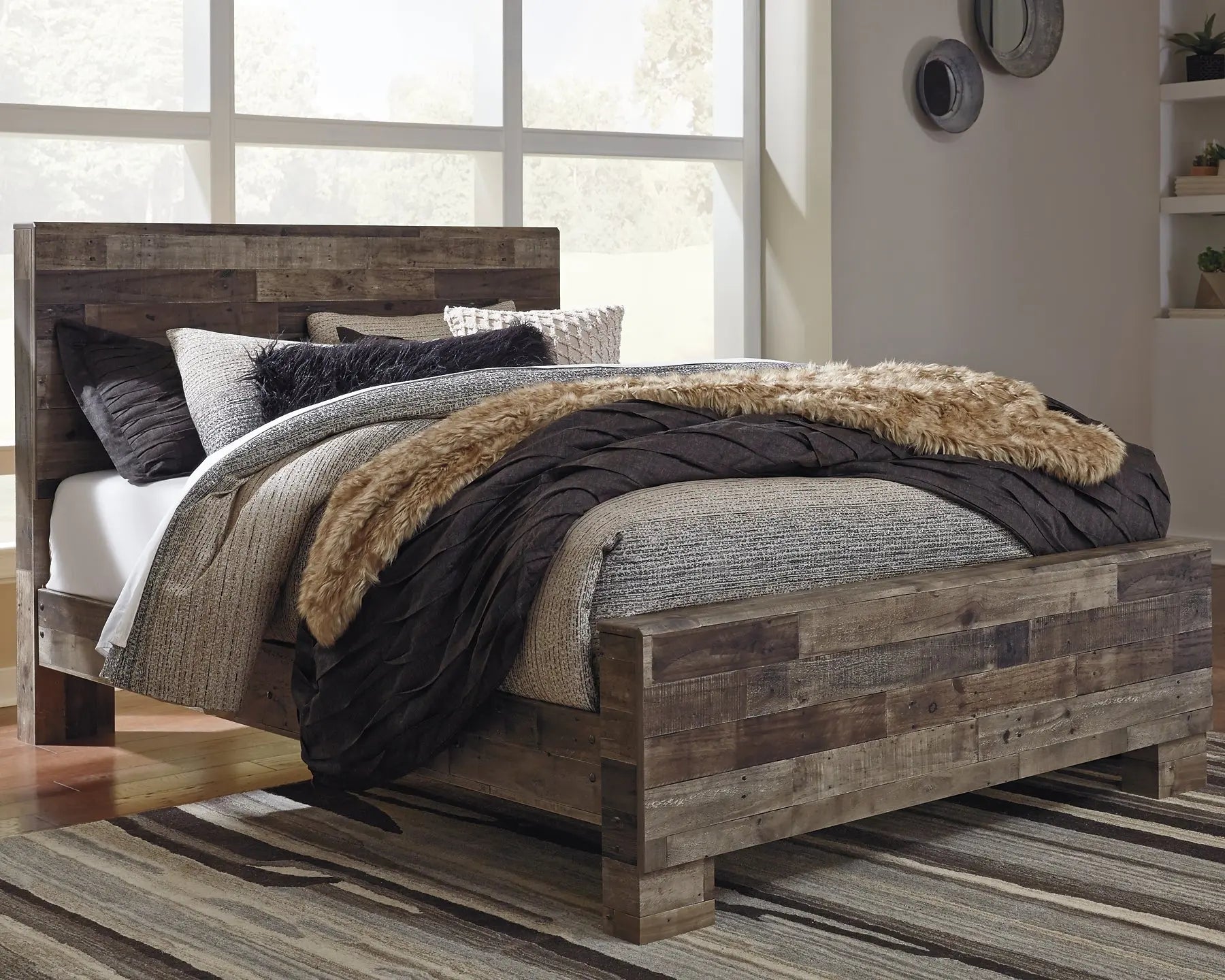 Derekson Queen Panel Bed with Mirrored Dresser, Chest and Nightstand at Lee Furniture, NC