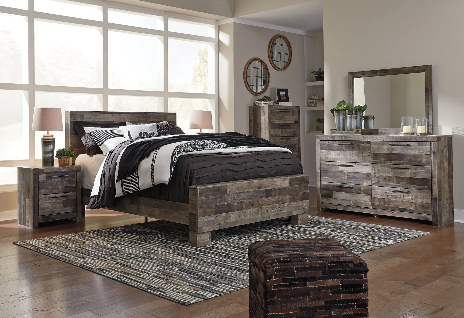 Derekson Queen Panel Bed with Mirrored Dresser, Chest and Nightstand at Lee Furniture, NC