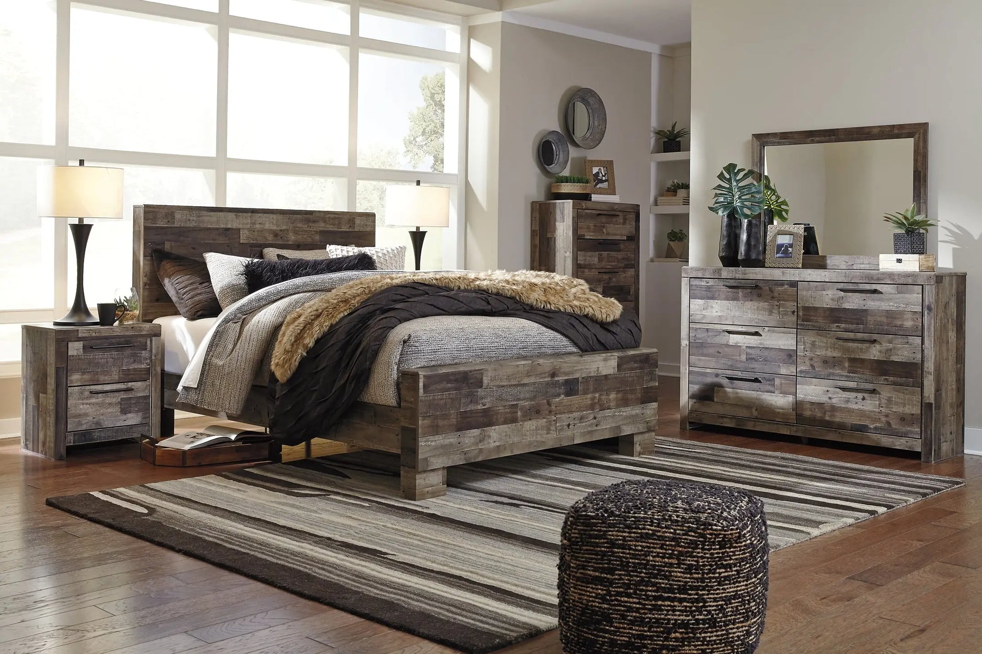 Derekson Queen Panel Bed with Mirrored Dresser, Chest and Nightstand at Lee Furniture, NC