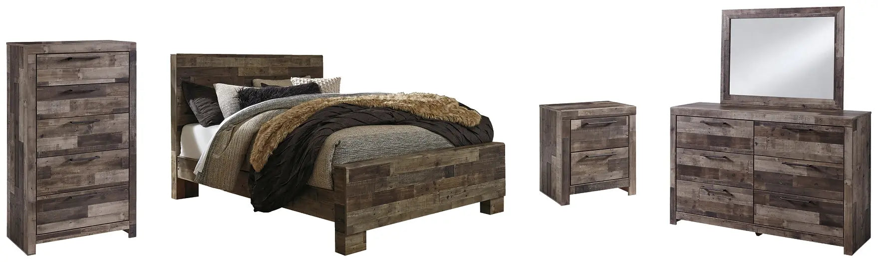 Derekson Queen Panel Bed with Mirrored Dresser, Chest and Nightstand at Lee Furniture, NC