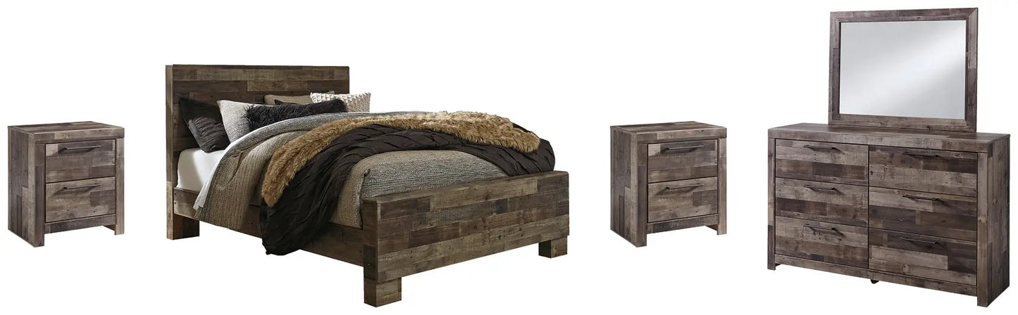 Derekson Queen Panel Bed with Mirrored Dresser and 2 Nightstands at Lee Furniture, NC